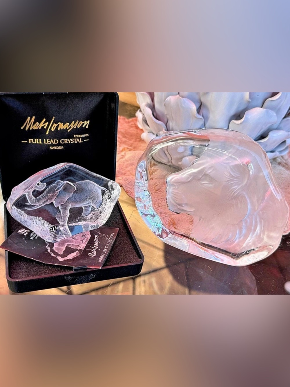 Mats Jonasson Elephant & Lion Lead Crystal Glass Art Sculptures